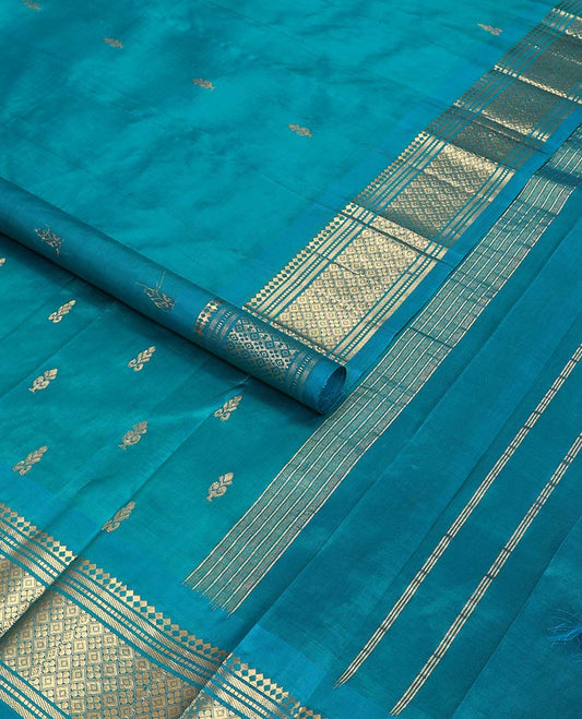 Light blue floral buttas kancheepuram silk saree with self border of rekku, muthu, banaras design & floral pallu