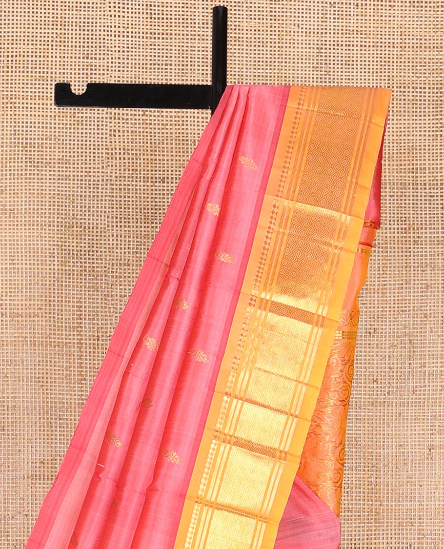 Pink buttas kancheepuram silk saree with contrast border of thilakam mokku, banaras, checked design & floral design pallu