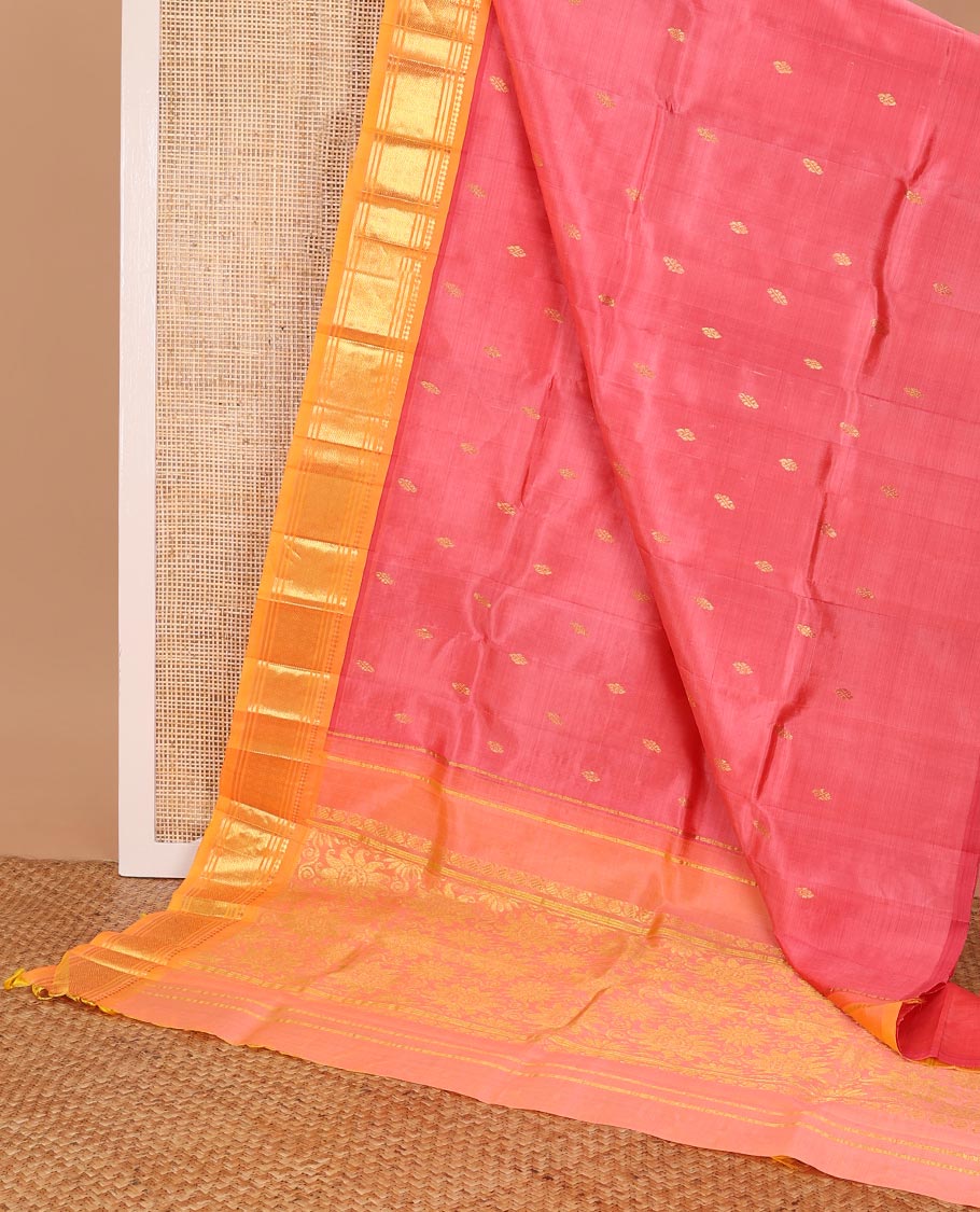 Pink buttas kancheepuram silk saree with contrast border of thilakam mokku, banaras, checked design & floral design pallu
