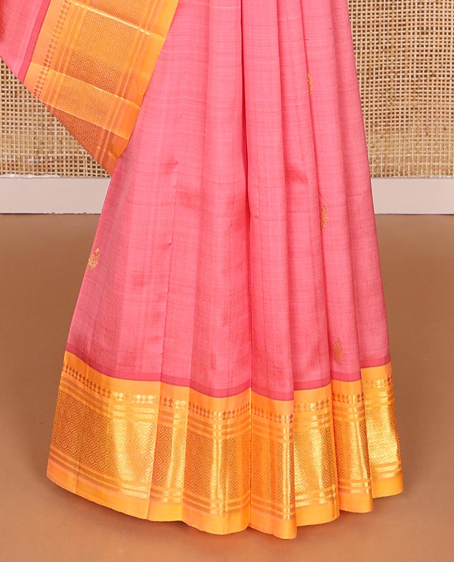 Pink buttas kancheepuram silk saree with contrast border of thilakam mokku, banaras, checked design & floral design pallu