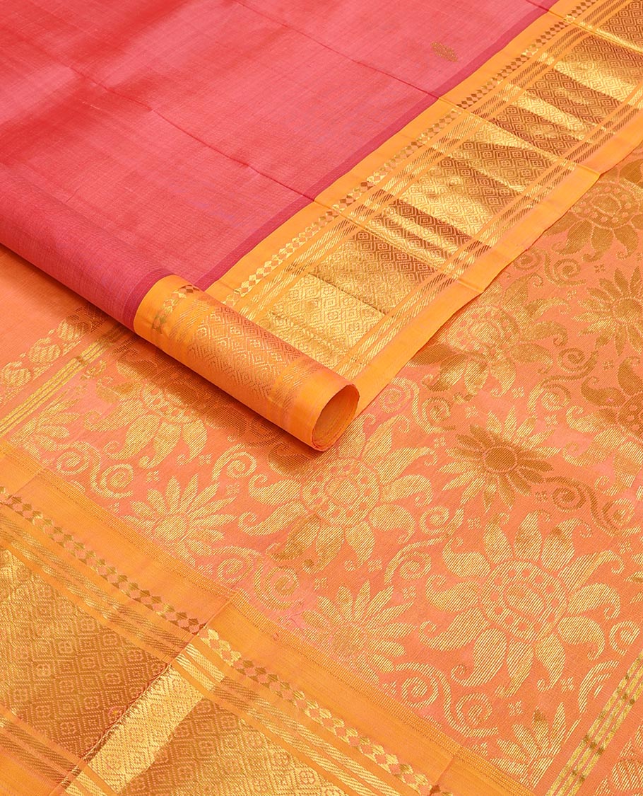 Pink buttas kancheepuram silk saree with contrast border of thilakam mokku, banaras, checked design & floral design pallu