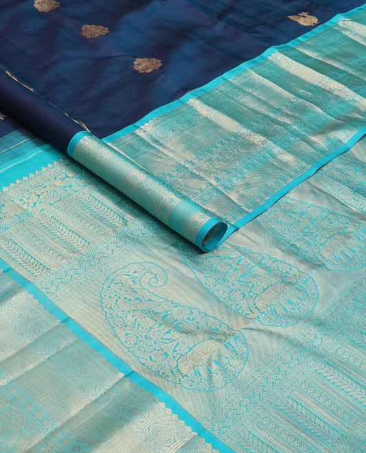 Blue zari buttas silk saree, contrast border of thilakam mokku,neli,mayil chakram,mayil kann & rudraksham & intricate pallu