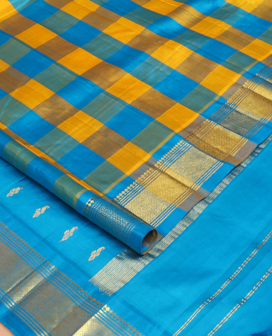 Multi-color checked Kanchipuram silk saree, one-sided border of salangai,banaras,muthu & mayil kann & zari design pallu