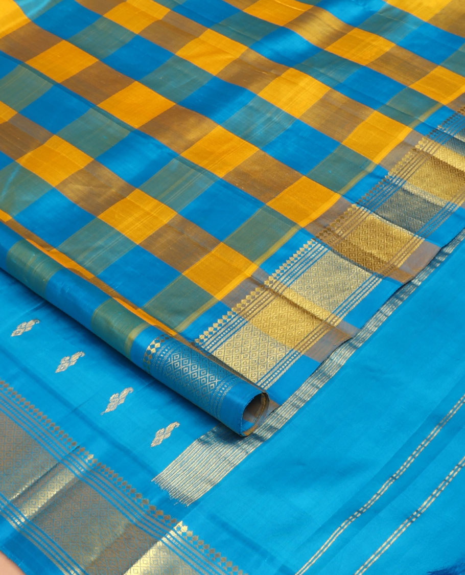 Multi-color checked Kanchipuram silk saree, one-sided border of salangai,banaras,muthu & mayil kann & zari design pallu