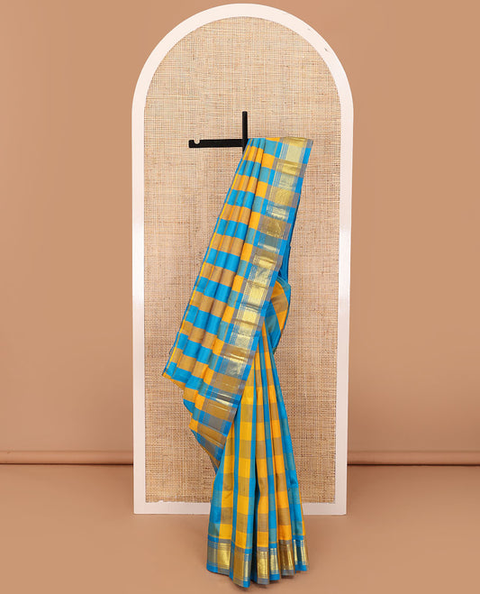 Multi-color checked Kanchipuram silk saree, one-sided border of salangai,banaras,muthu & mayil kann & zari design pallu