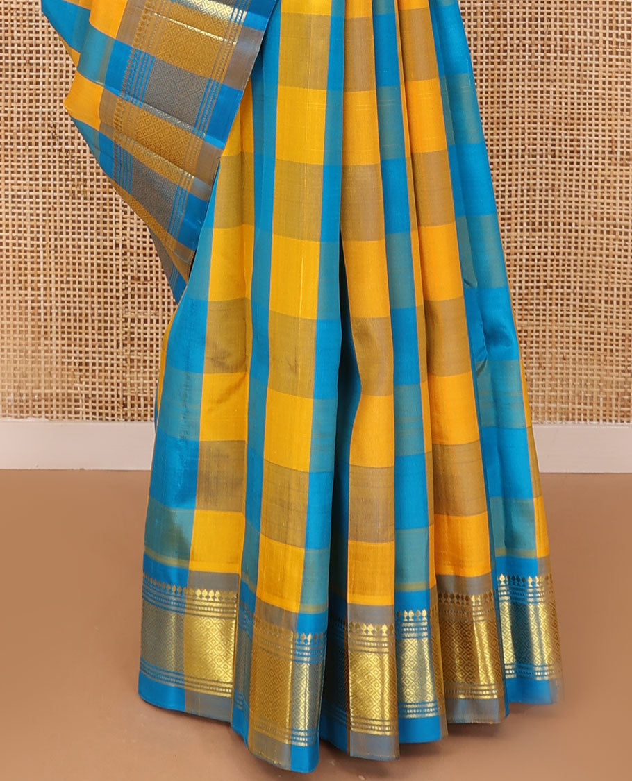 Multi-color checked Kanchipuram silk saree, one-sided border of salangai,banaras,muthu & mayil kann & zari design pallu