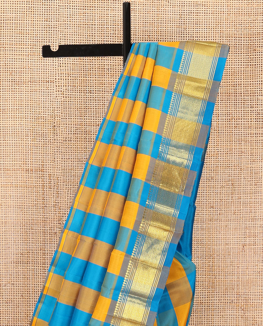 Multi-color checked Kanchipuram silk saree, one-sided border of salangai,banaras,muthu & mayil kann & zari design pallu