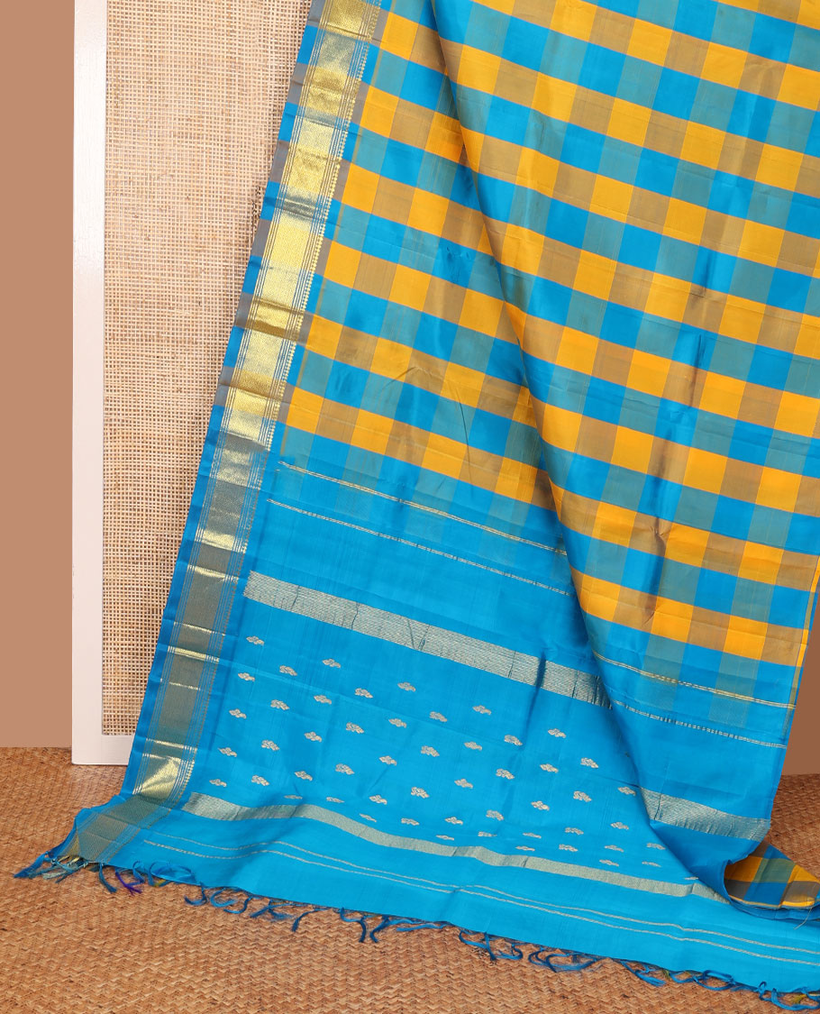 Multi-color checked Kanchipuram silk saree, one-sided border of salangai,banaras,muthu & mayil kann & zari design pallu