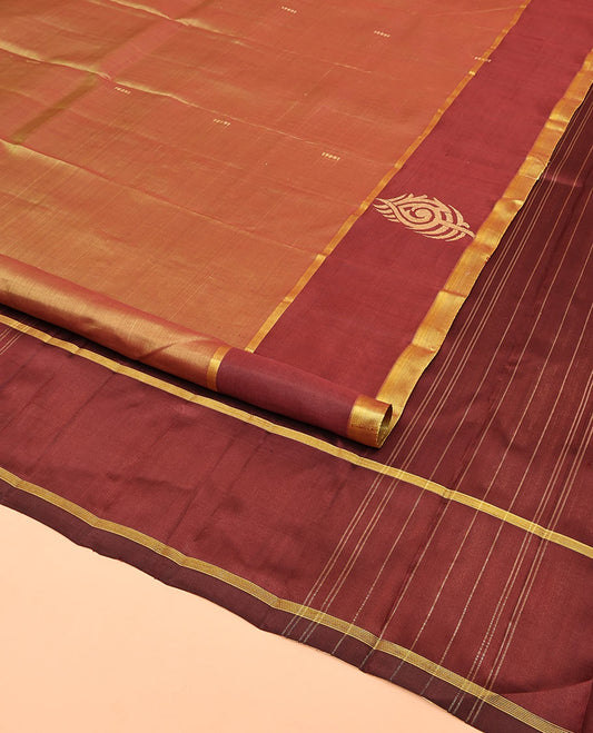Yellow Kanchipuram Silk Saree, Finely Crafted with Buttas All Over Its Body, Complemented by a Contrast Border of Peacock Feather Designs, Pallu of Intricate Motifs, and Paired with a Contrast Blouse