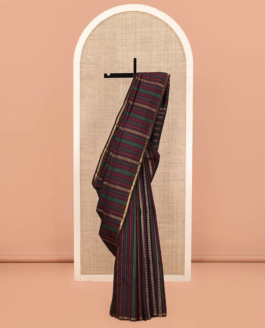 Brown-Base Kanchipuram Designer Silk Saree, Meenakari-Style Woven with Rekku, Neli, Banaras, Mayil Kann, and Annam Designs, Subtle Zari-Piping Border, Pallu Features Jaal Designs, and Paired with a Matching Blouse