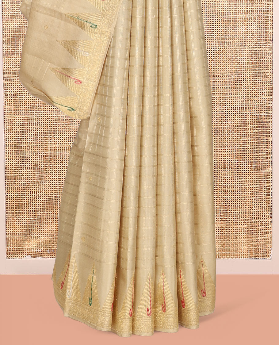 Light Sandal Kanchipuram Designer Silk Saree, Masterfully Woven with Zari Checks, Highlighted by Temple Zari Muniya Border, Zari Woven Pallu, and a Matching Blouse