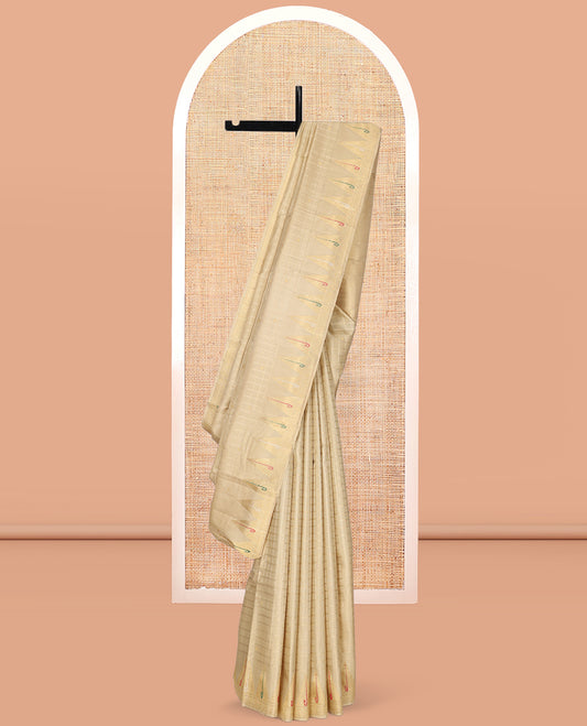 Light Sandal Kanchipuram Designer Silk Saree, Masterfully Woven with Zari Checks, Highlighted by Temple Zari Muniya Border, Zari Woven Pallu, and a Matching Blouse