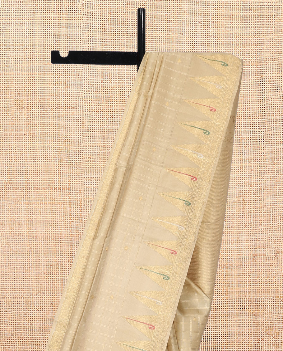 Light Sandal Kanchipuram Designer Silk Saree, Masterfully Woven with Zari Checks, Highlighted by Temple Zari Muniya Border, Zari Woven Pallu, and a Matching Blouse