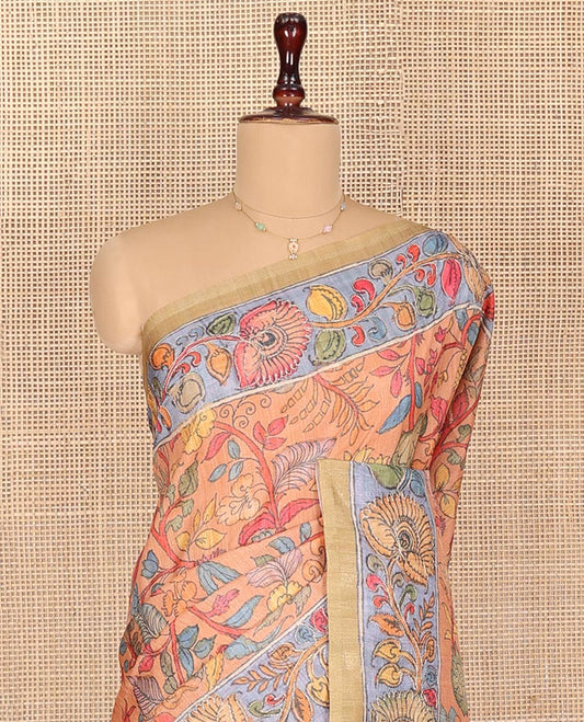 Pale Orange Semi-Tussar Saree Prettified with Kalamkari-Style Colorful Floral Print, Complemented by a Contrast Floral Printed Border, Pallu Depicting Krishna and Gopis Print, and Paired with a Matching Printed Blouse