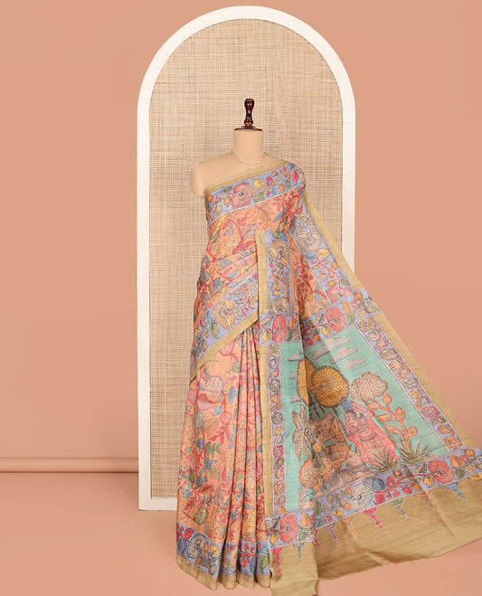 Pale Orange Semi-Tussar Saree Prettified with Kalamkari-Style Colorful Floral Print, Complemented by a Contrast Floral Printed Border, Pallu Depicting Krishna and Gopis Print, and Paired with a Matching Printed Blouse