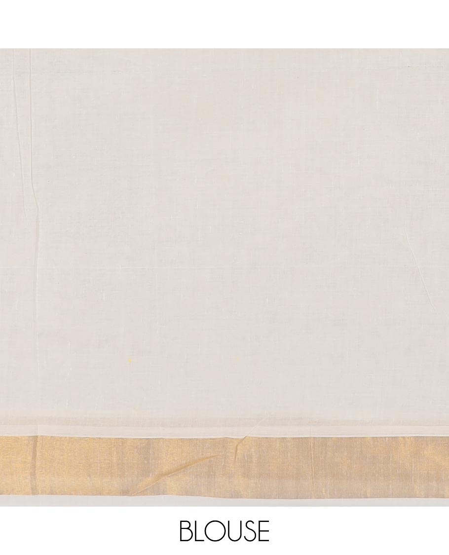 Cream hand brush painting style floral motifs printed Kerala cotton saree, zari and dyed border, and hand brush painting pallu