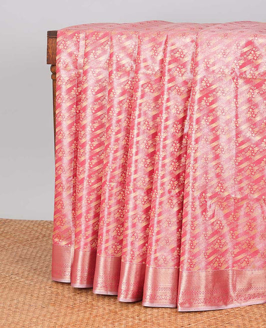 Red striped floral design kora cotton saree with self zari design border & checked zari design pallu
