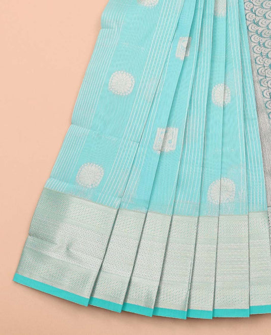 Light blue checked , motifs kora cotton saree with contrast intricate zari design border & jaal design pallu