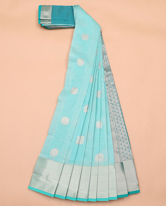 Light blue checked , motifs kora cotton saree with contrast intricate zari design border & jaal design pallu