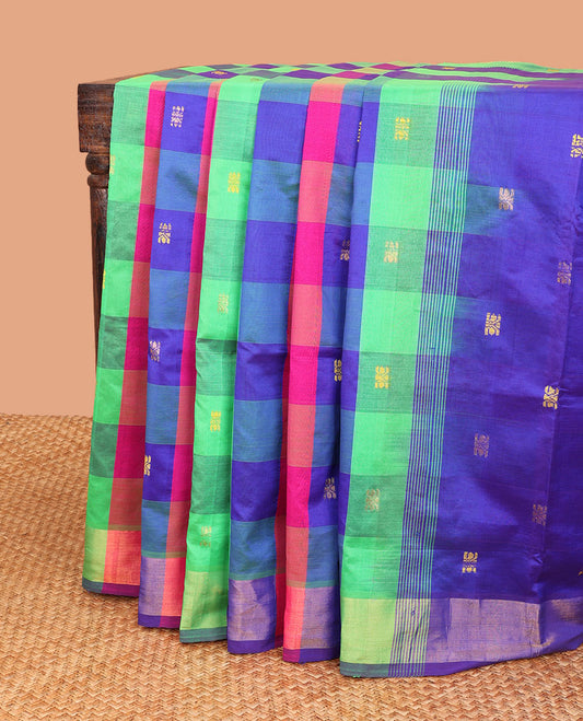 Multi-color checked kuppadam cotton saree with all-over buttas, self-border & pallu of stripes
