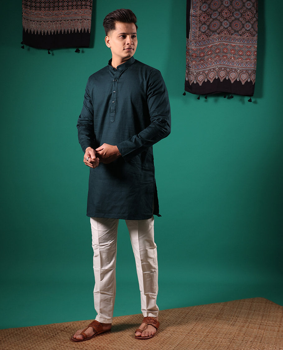 Black embossed full-sleeved men's kurta