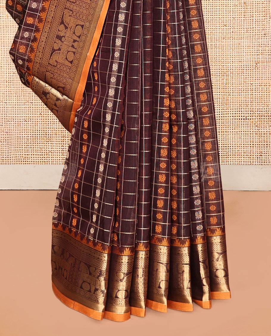 Brown Butta-Checked Kuppadam Silk Saree, a Semi-Contrast Traditional Border, Grand Pallu, a Matching Blouse