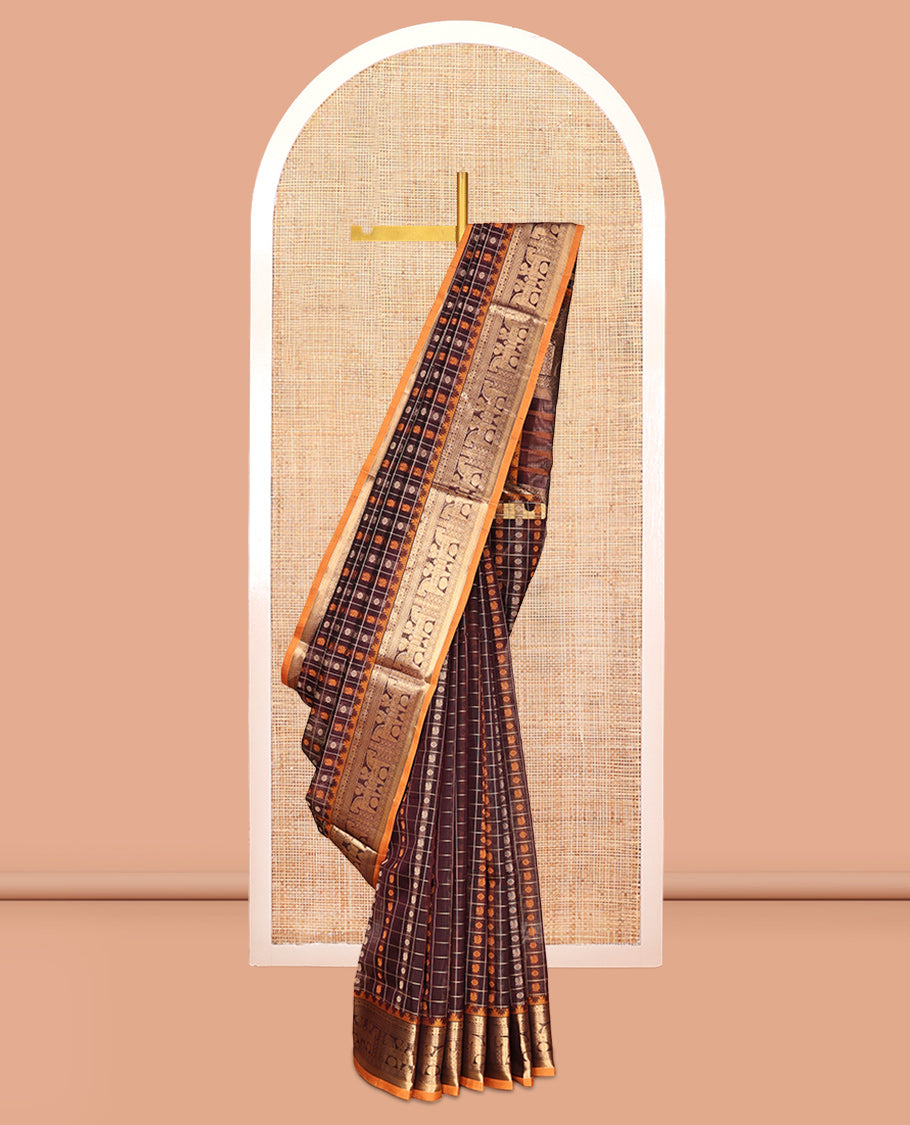 Brown Butta-Checked Kuppadam Silk Saree, a Semi-Contrast Traditional Border, Grand Pallu, a Matching Blouse