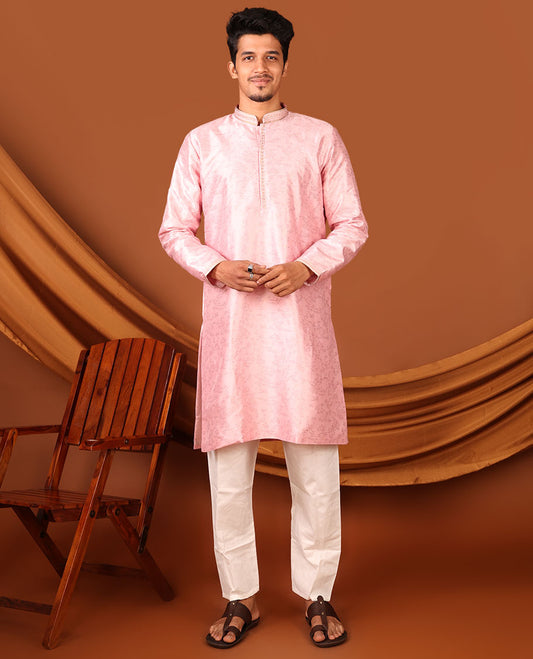 Baby Pink Floral Vine Sparsely Woven Full-Sleeved Men's Kurta Set