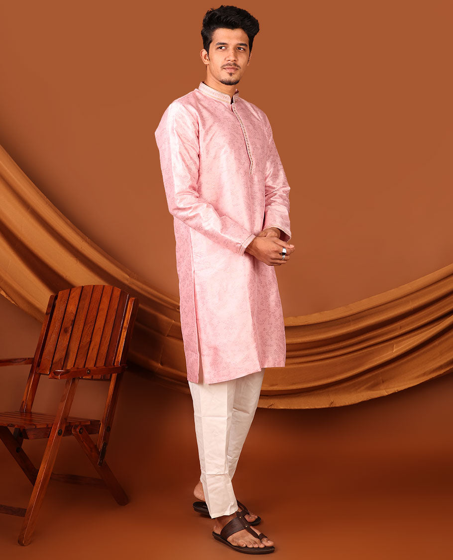 Baby Pink Floral Vine Sparsely Woven Full-Sleeved Men's Kurta Set