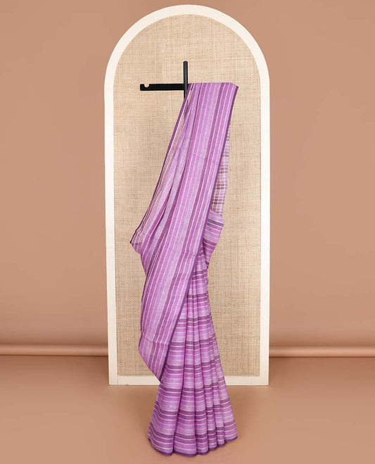 Borderless purple striped linen cotton saree, checked design pallu