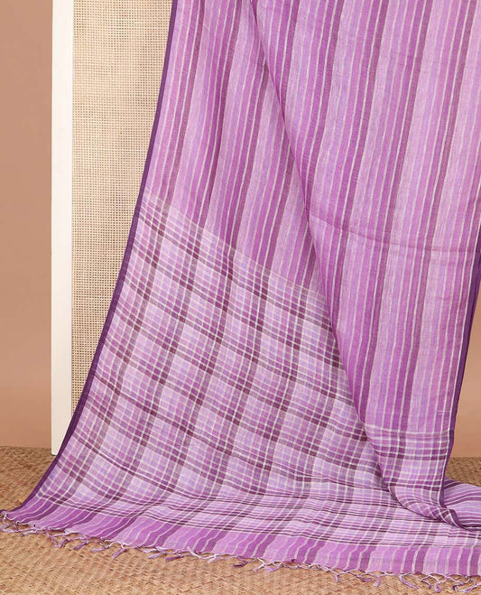 Borderless purple striped linen cotton saree, checked design pallu