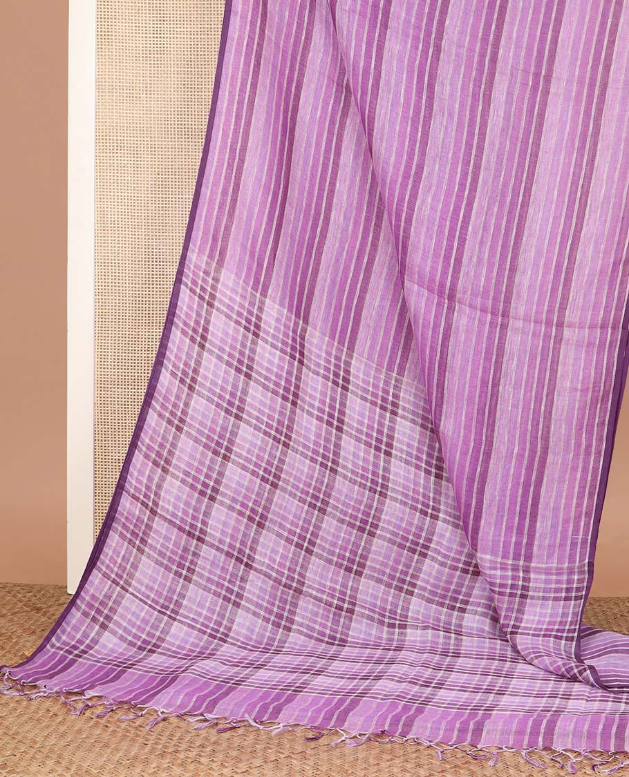 Borderless purple striped linen cotton saree, checked design pallu