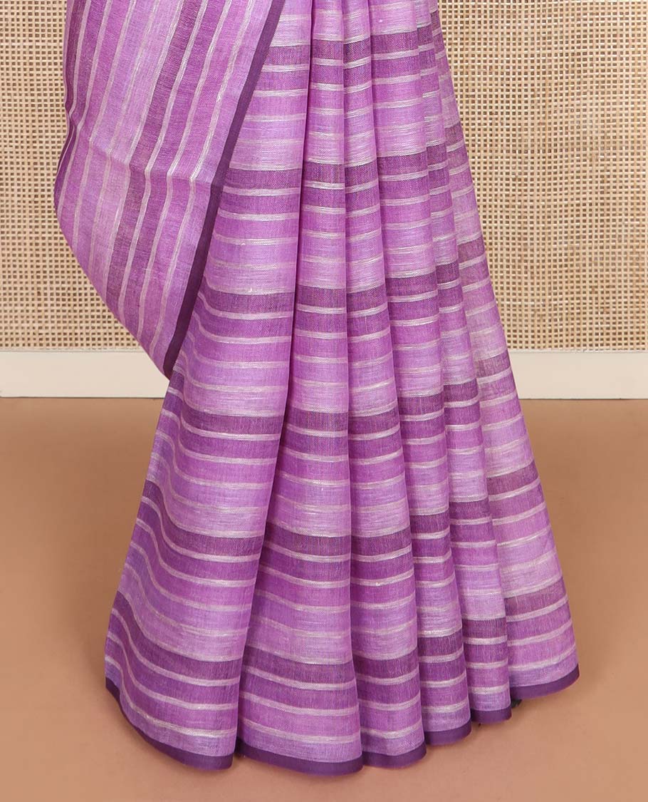 Borderless purple striped linen cotton saree, checked design pallu
