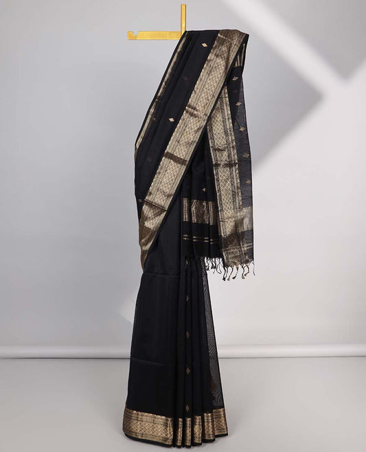 Black geometric motifs maheshwari cotton saree with self argyle border & geometric design pallu
