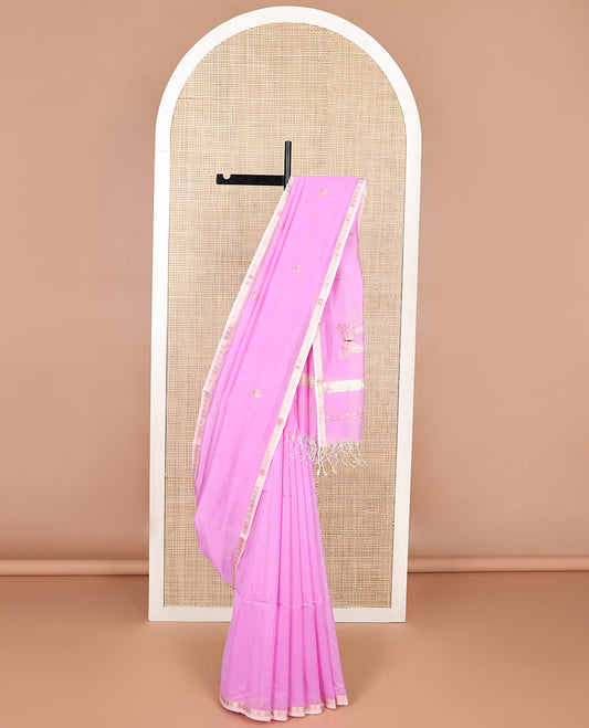 Light pink motifs maheswari cotton saree with contrast zari design border & butterfly motifs pallu