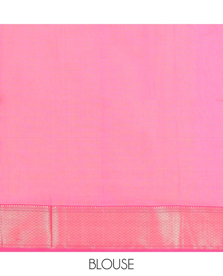 Yellow Maheshwari Cotton Saree Graced with Zari Buttas, Highlighted with Contrast Traditional Zari Design Border, Pallu Accentuated with Zari Designs, and Paired with a Contrast Blouse