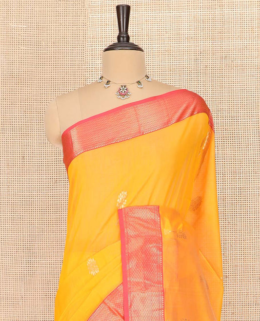 Yellow Maheshwari Cotton Saree Graced with Zari Buttas, Highlighted with Contrast Traditional Zari Design Border, Pallu Accentuated with Zari Designs, and Paired with a Contrast Blouse