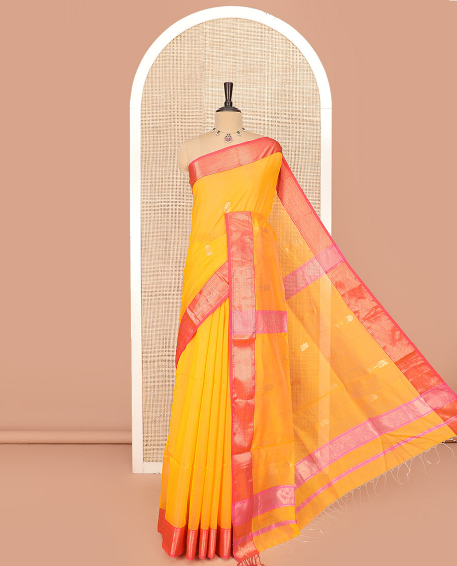 Yellow Maheshwari Cotton Saree Graced with Zari Buttas, Highlighted with Contrast Traditional Zari Design Border, Pallu Accentuated with Zari Designs, and Paired with a Contrast Blouse