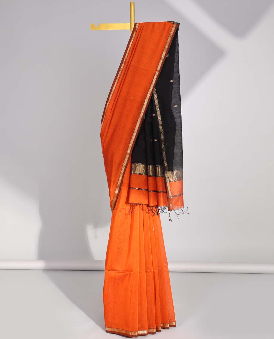 Orange  floral motifs maheswari cotton saree with contrast zari border & floral motifs pallu