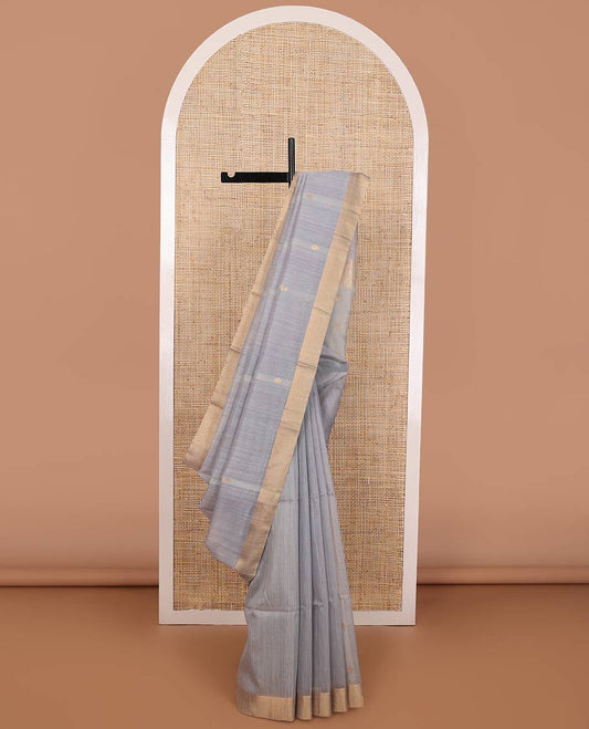Grey striped, round motifs maheshwari cotton saree with self zari border & round motifs, striped pallu