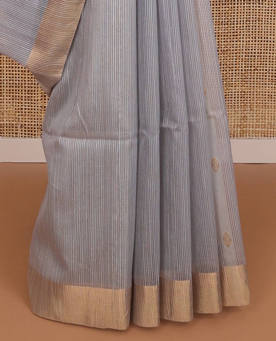 Grey striped, round motifs maheshwari cotton saree with self zari border & round motifs, striped pallu
