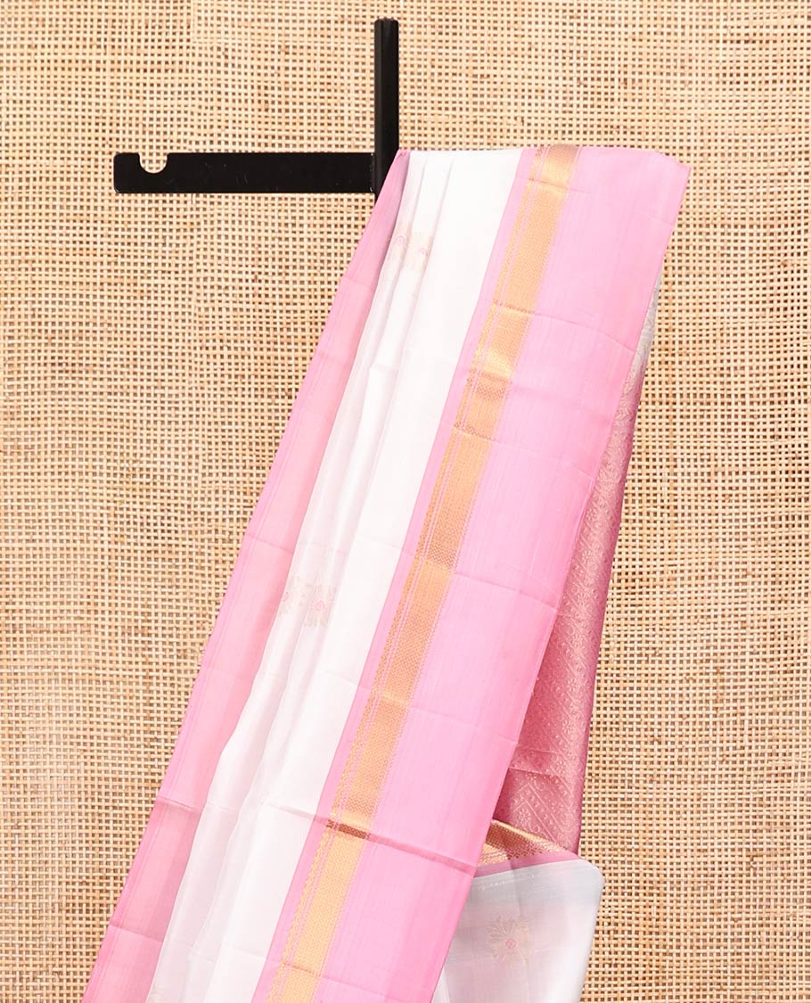 White Mayuri Soft Silk Saree, Simply Sparkled with Buttas All Over Its Body, Complemented by Contrast Kal Eragina Border of Vanki Designs, Sparsely Sparkled Pallu, and Paired with a Contrast Blouse