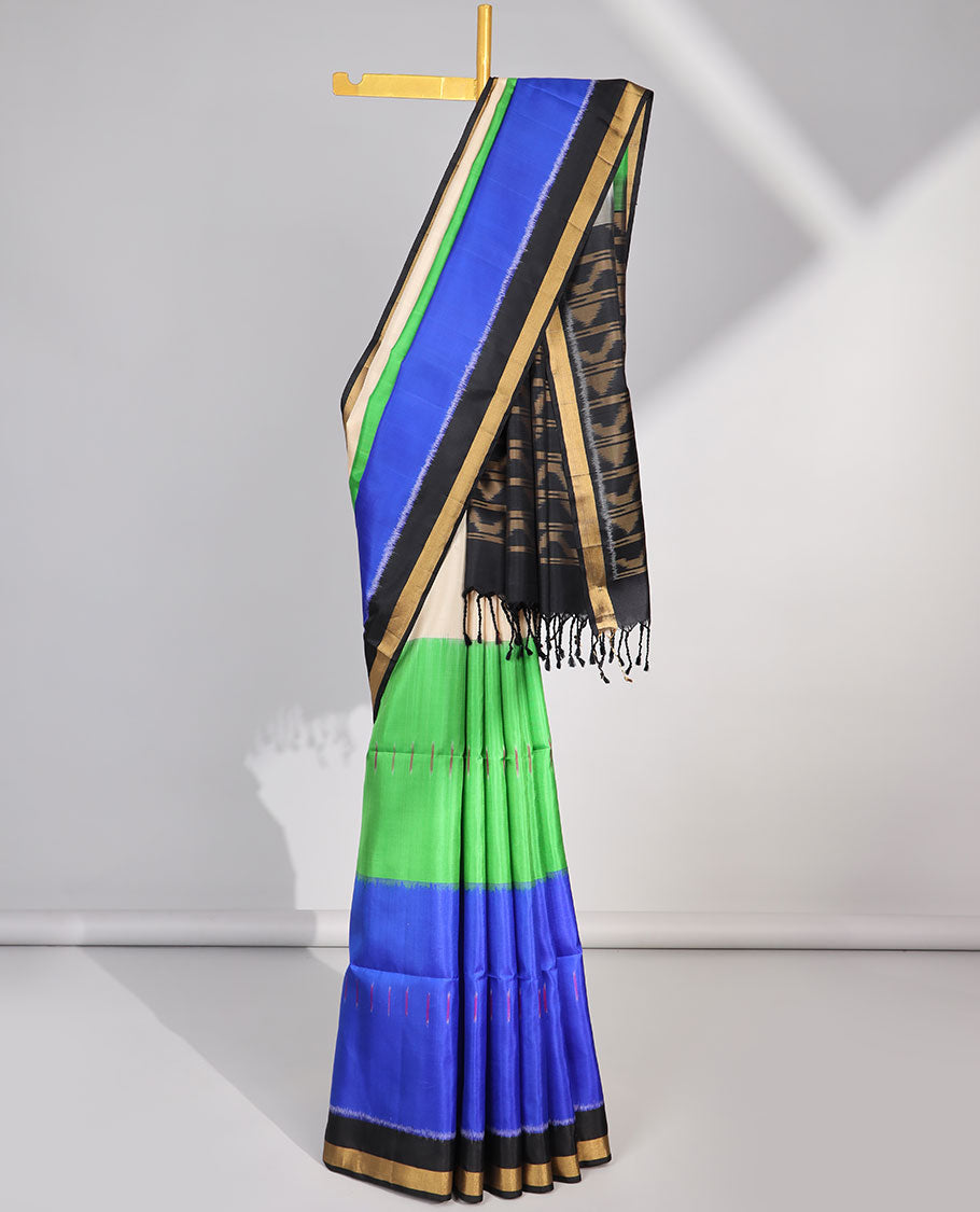 Multi-color striped soft silk saree with contrast zari border & striped, temple design pallu