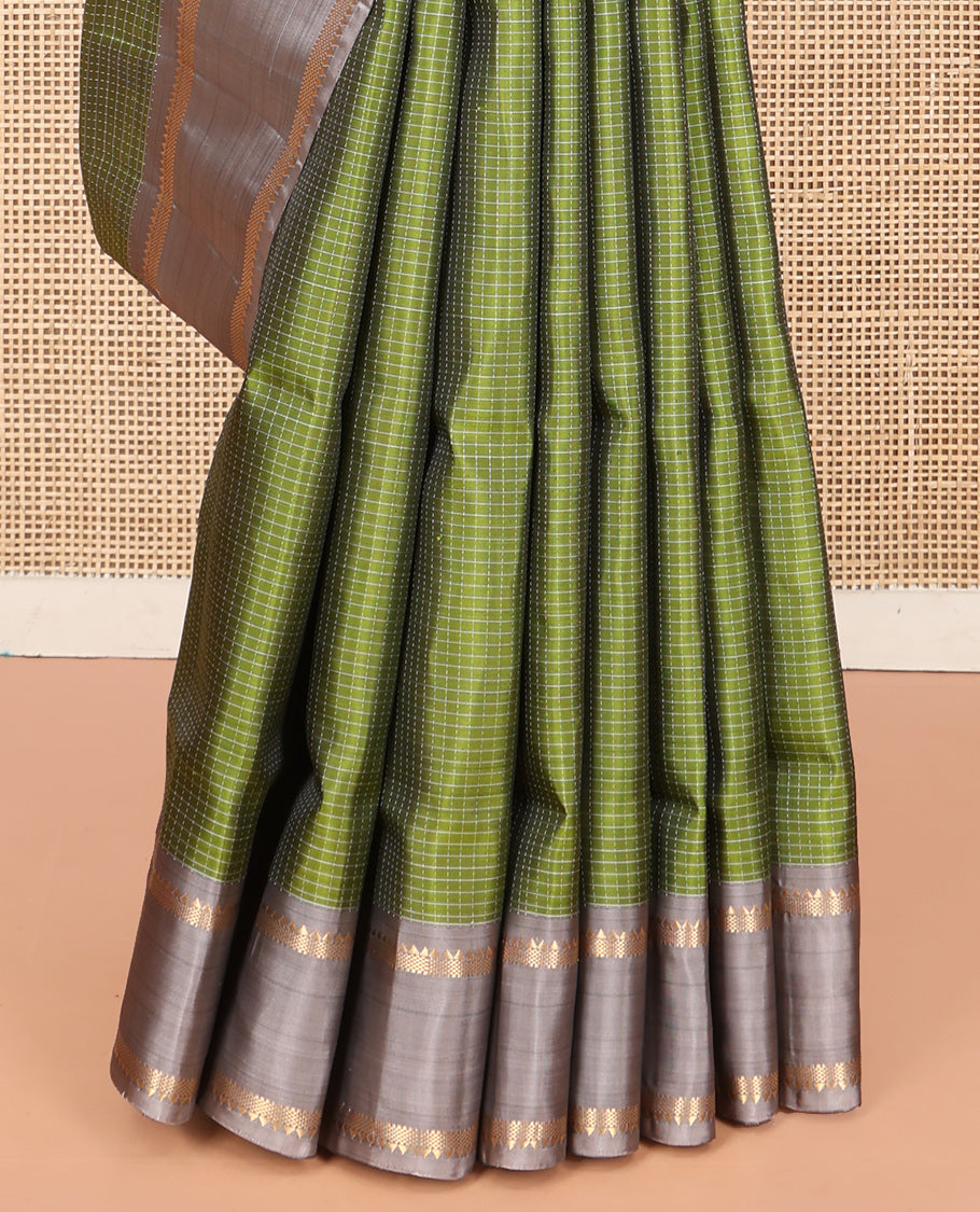 Green Checked Mayuri Lite Silk Mix Saree, a Contrast Rettai Pettu Border of Rekku, and Bentex Designs, Intricate Pallu, and a Contrast Blouse