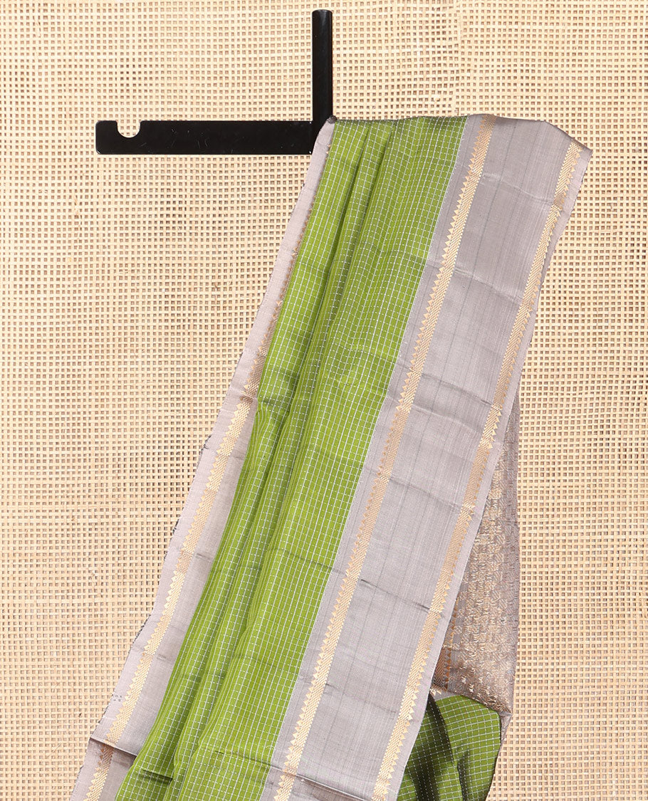 Green Checked Mayuri Lite Silk Mix Saree, a Contrast Rettai Pettu Border of Rekku, and Bentex Designs, Intricate Pallu, and a Contrast Blouse