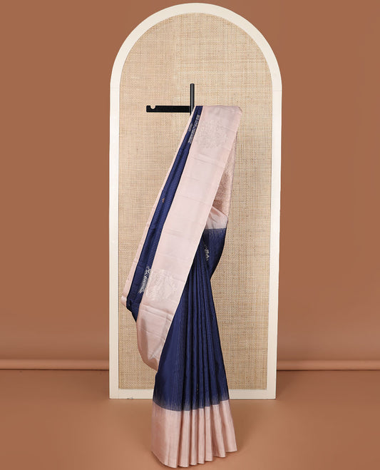 Blue zari design soft silk saree, contrast floral motif border & pallu steeped with floral zari motifs
