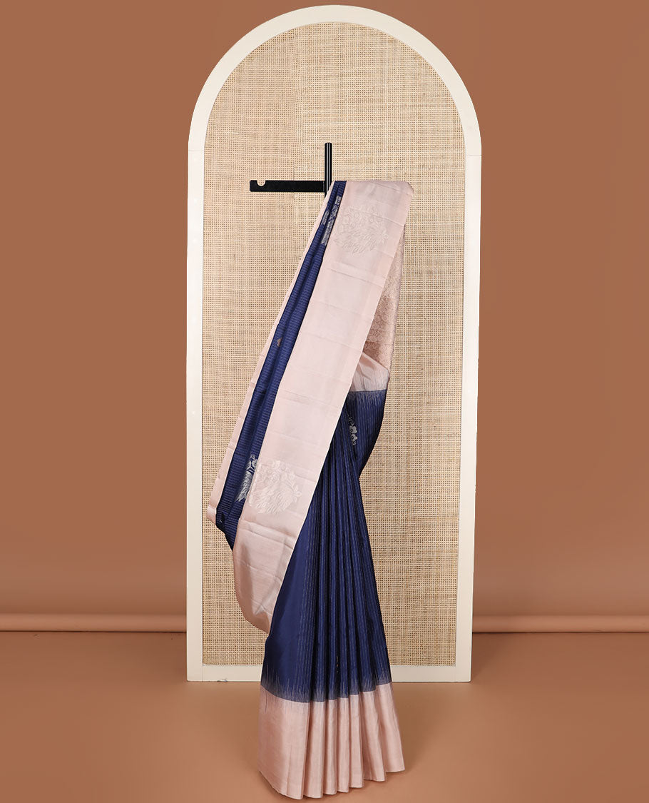 Blue zari design soft silk saree, contrast floral motif border & pallu steeped with floral zari motifs