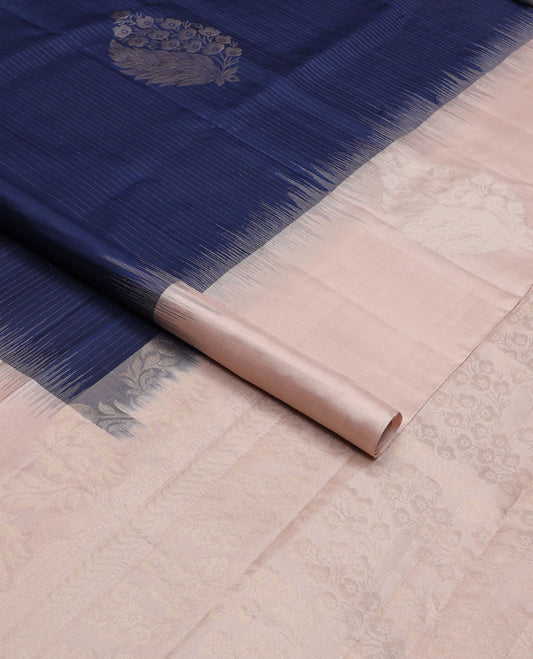 Blue zari design soft silk saree, contrast floral motif border & pallu steeped with floral zari motifs