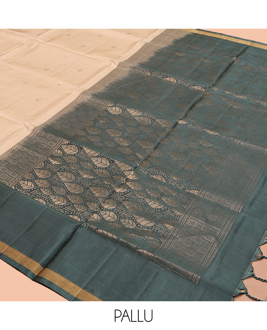 Sandal Mayuri Soft Silk Saree, Sparsely Threaded with Buttas, Contrast Zari Buttas Border, and a Pallu Features Intricate Designs and Contrast Blouse