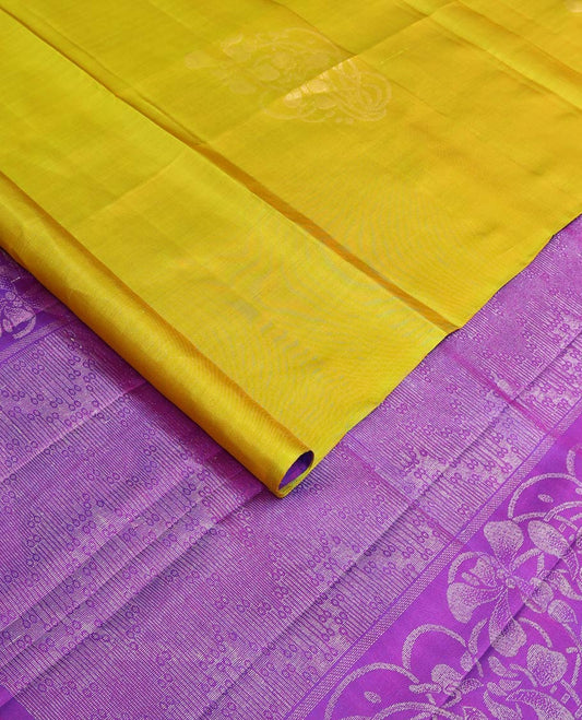 Borderless yellow floral buttas woven soft silk saree, contrast pallu of floral and chevron designs